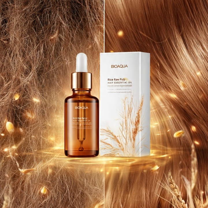 BIOAQUA  Rice Raw Pulp Hair Essential Oil nourishes hair deeply, helps reduce hair loss, repairs dry and split ends, and leaves hair soft, smooth, and healthy-looking. ITEM NO: BQY11404