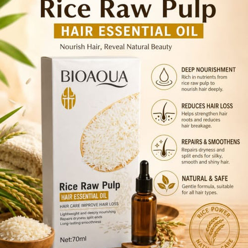 BIOAQUA  Rice Raw Pulp Hair Essential Oil nourishes hair deeply, helps reduce hair loss, repairs dry and split ends, and leaves hair soft, smooth, and healthy-looking. ITEM NO: BQY11404