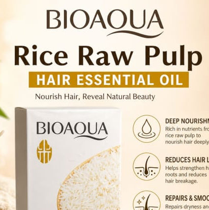 BIOAQUA  Rice Raw Pulp Hair Essential Oil nourishes hair deeply, helps reduce hair loss, repairs dry and split ends, and leaves hair soft, smooth, and healthy-looking. ITEM NO: BQY11404